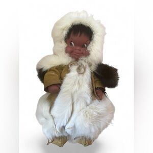 Vintage Indian Art  Doll with White and Brown Fur Outfit